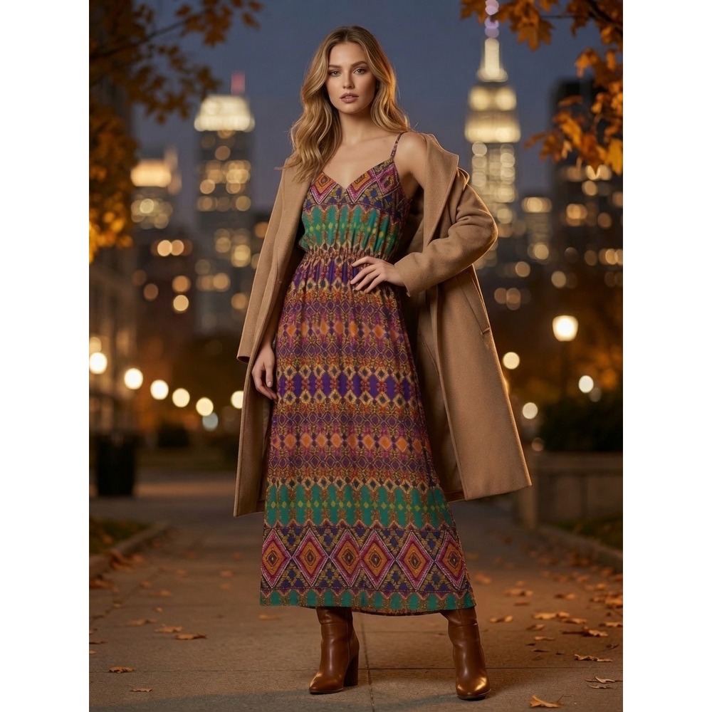 Everly Womens Small Boho Midi Dress Aztec Tribal Racerback Lined Made USA Chic